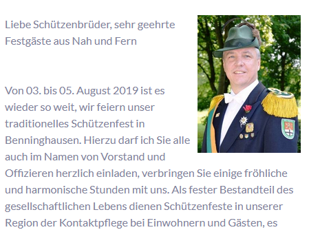 Grußwort des Oberst zum Schützenfest 2019