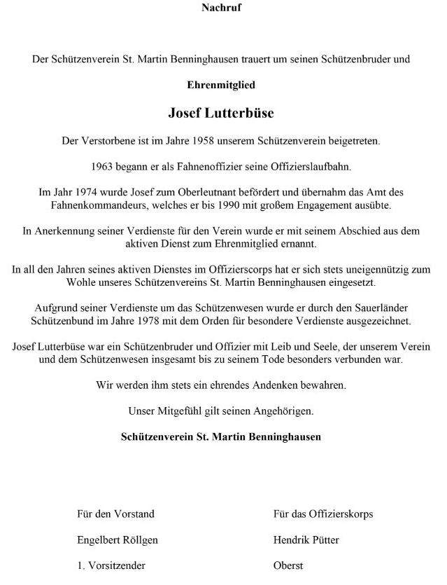 Nachruf Josef Lutterbuese